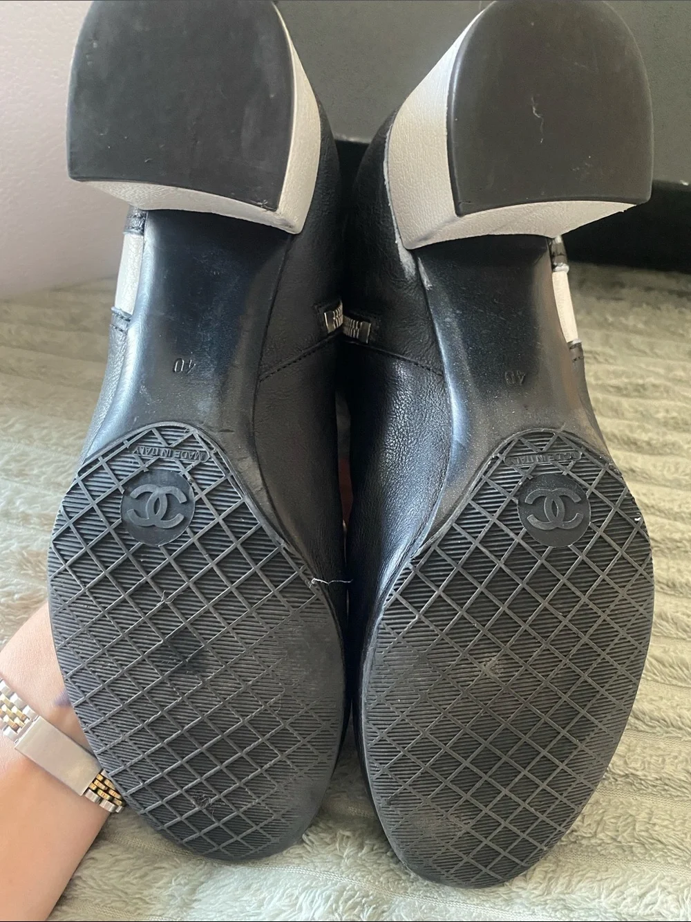 CHANEL Black Leather Ankle Boots with Cream Block Heel